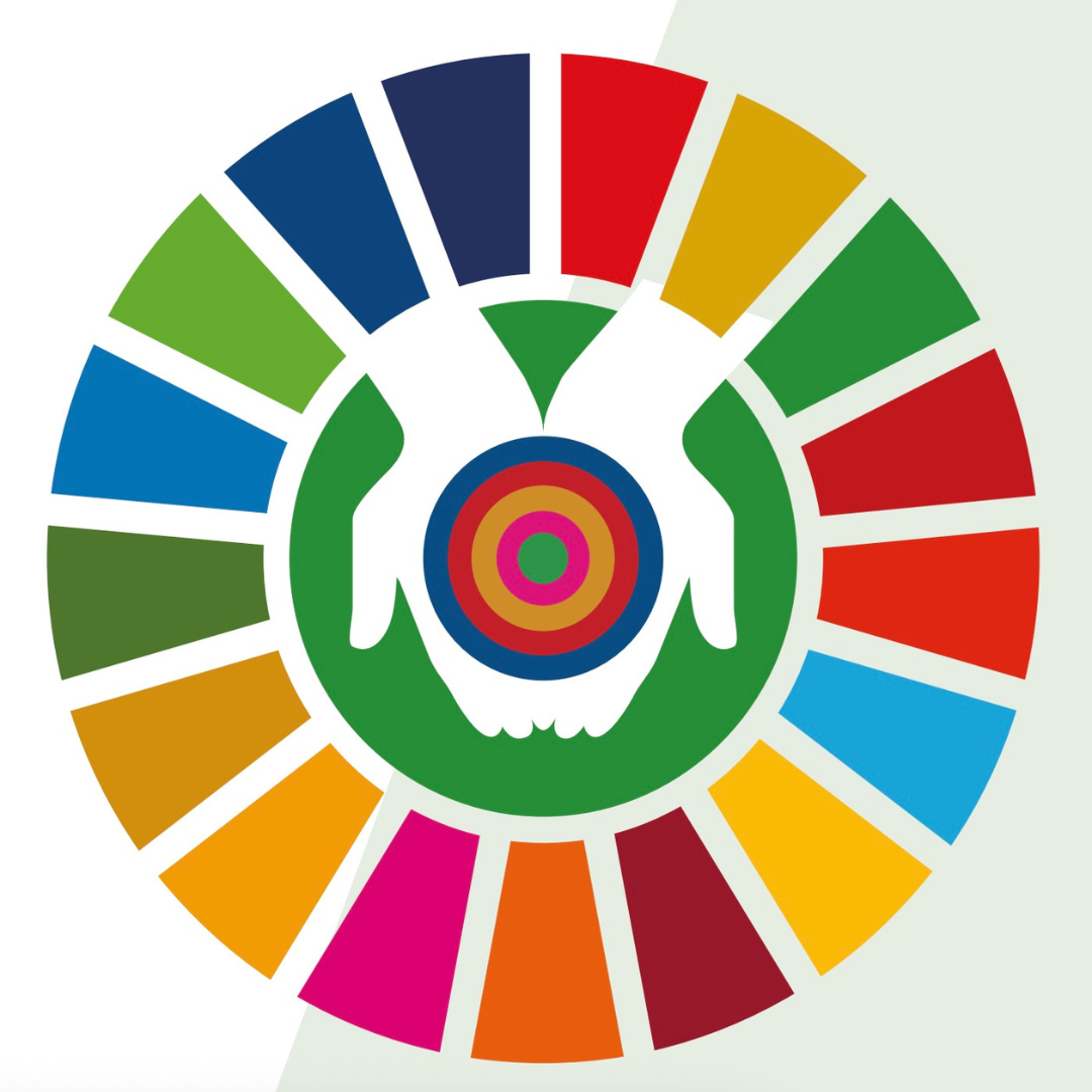 colorful wheel graphic with offering pair of hands in center