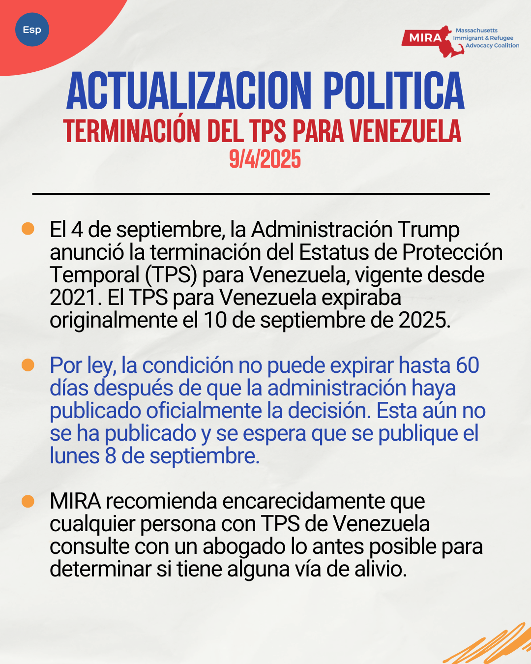 Termination of TPS for Venezuela – Policy Update 9/4/2025 - MIRA Coalition